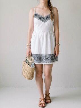 Three Hearts Boho Embroidered White Mini Sundress Black Trim Size Small